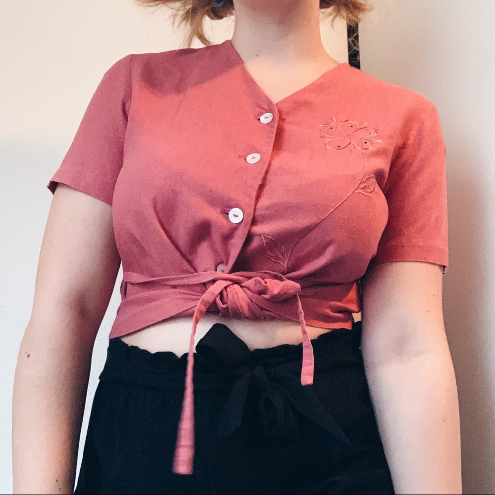 vintage floral button up red wrap v neck shirt